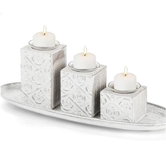 Set of 3 / 3 Sizes - Tealight / Votive Candle Holders with Wooden Stands & Tray - Picture 5 of 11